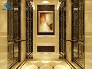 Nội thất thang máy gia đình mạ vàng, mang lại sự đẳng cấp và sang trọng cho biệt thự.