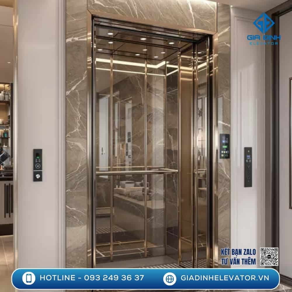 Thang máy Fuji cao cấp, khung inox sáng bóng, vận hành êm ái, phù hợp với các không gian sang trọng. Công nghệ tiết kiệm điện tiên tiến.