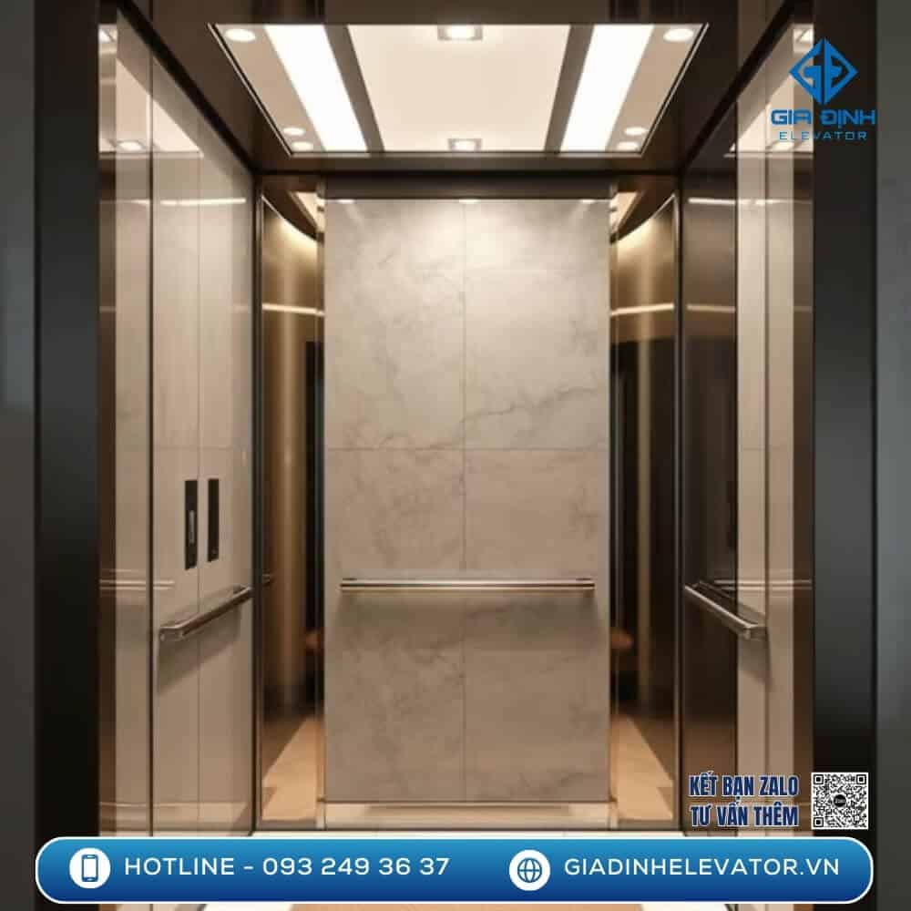 Hình ảnh thang máy Fuji lắp đặt trong biệt thự sang trọng với nội thất đá cao cấp, ánh sáng hiện đại. Thiết kế tinh tế, phù hợp với không gian sống đẳng cấp.