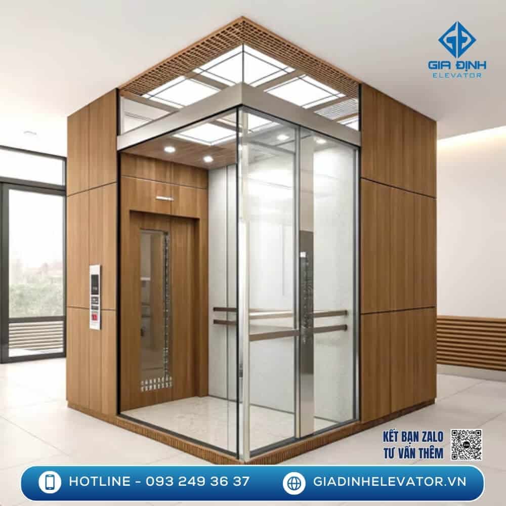 Thang máy mini Fuji với thiết kế sang trọng, cửa kính trong suốt, phù hợp cho các không gian nhỏ nhưng vẫn đảm bảo sự tiện nghi.
