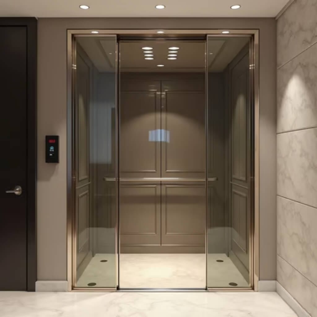 Thiết kế tinh tế với khung viền inox mạ vàng, cửa kính trong suốt giúp không gian thêm rộng mở. Phù hợp với nhà phố, biệt thự nhỏ.