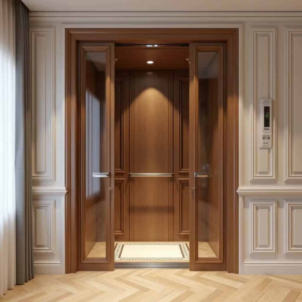 Mẫu cabin gỗ tự nhiên với đèn LED ấm áp, mang phong cách châu Âu sang trọng, lý tưởng cho biệt thự, nhà phố cổ điển.