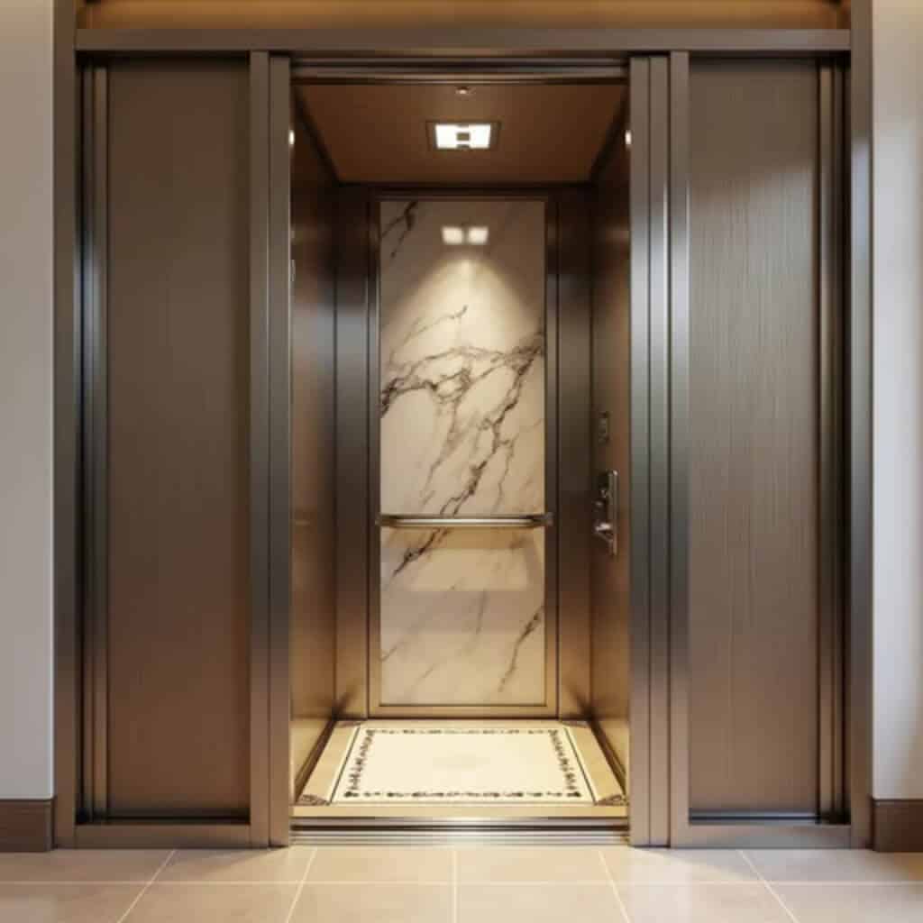 Nội thất cabin ốp đá marble kết hợp inox bóng, mang lại vẻ đẹp đẳng cấp, thích hợp cho khách sạn, biệt thự cao cấp.