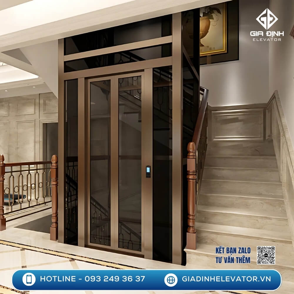 Mẫu thang máy kính đen, khung nhôm lắp ngoài trời, tối ưu cho nhà cải tạo hoặc diện tích hẹp. Giá thang máy gia đình 5 tầng