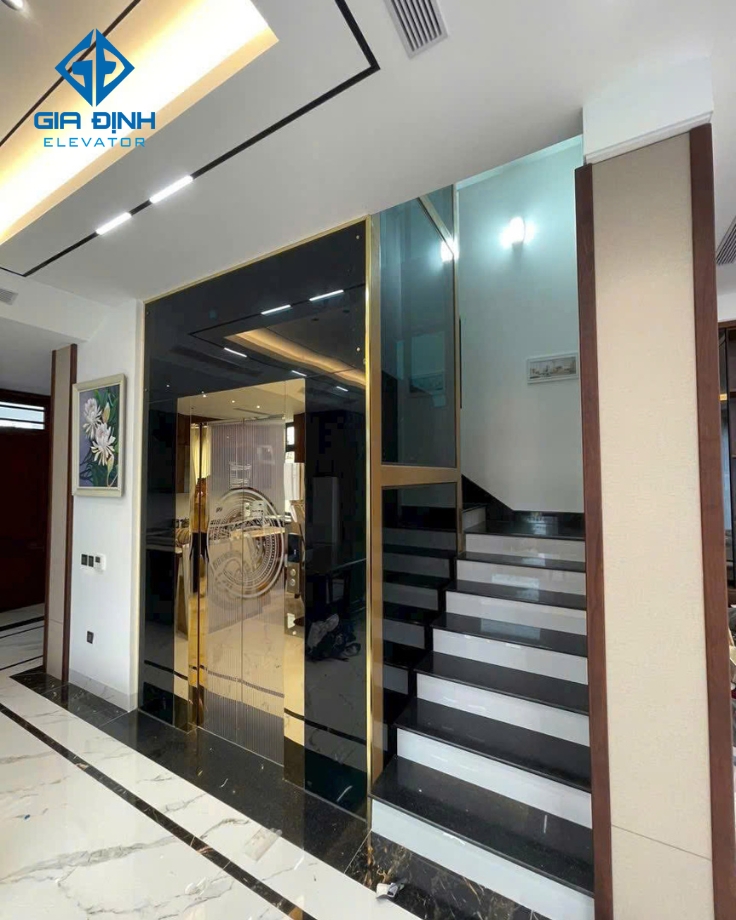 Thang máy mini thiết kế hiện đại, lắp đặt cạnh cầu thang bộ trong nhà phố.
