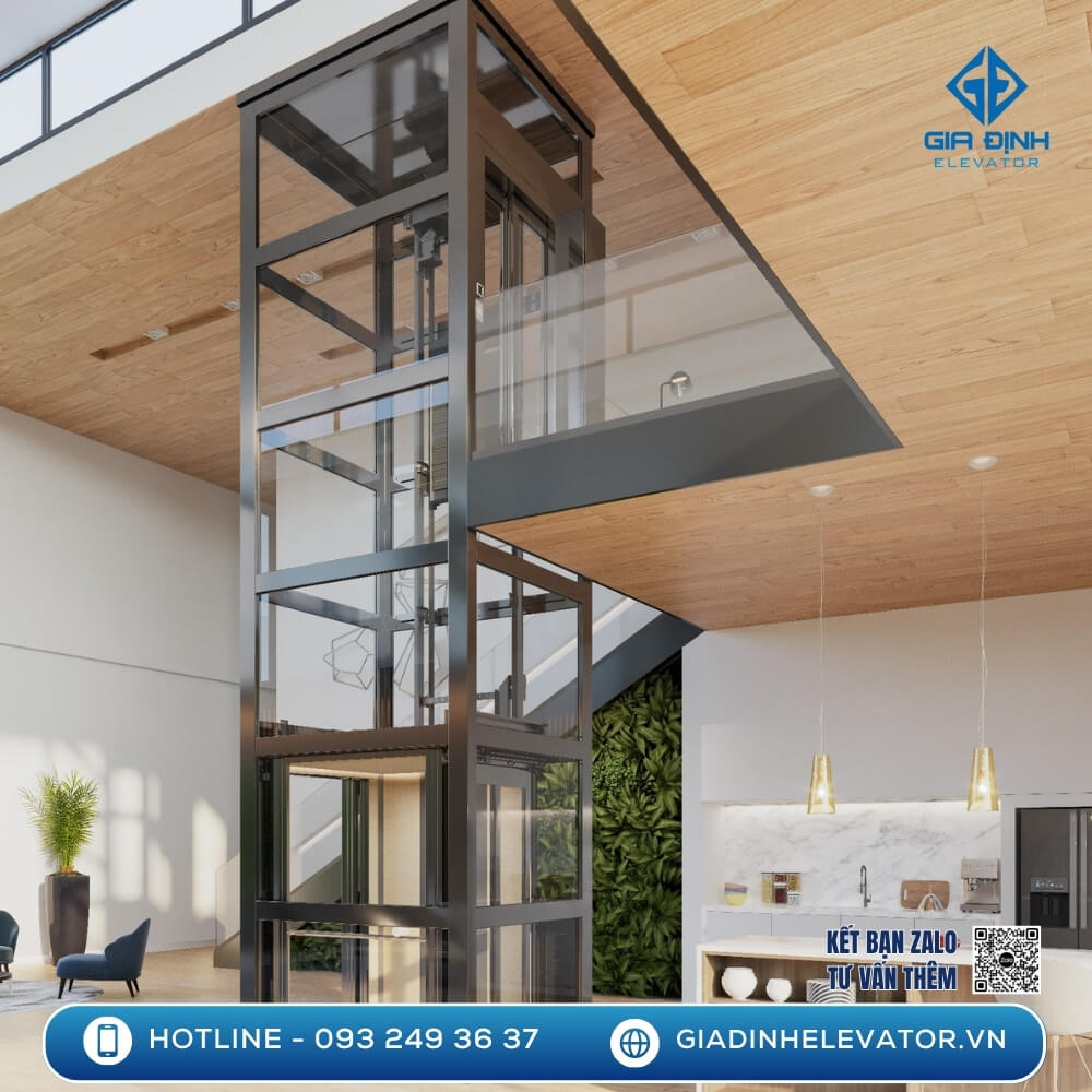 Thang máy gia đình khung sắt lắp đặt giữa nhà tại Quận Tân Phú, phối hợp hoàn hảo với không gian nội thất.